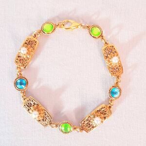 💎Gold Tone Chain Bracelet Filagree Links Blue Green Stones And Faux Pearls